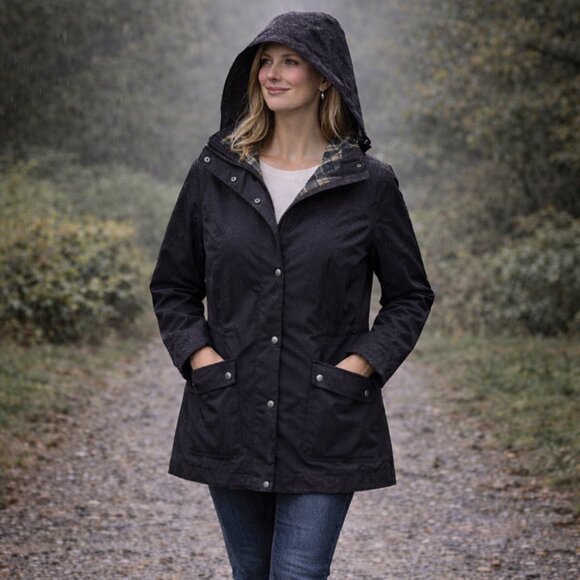 Barbour Beadnell Coat Waterproof Hooded Tartan Lined Black Jacket NWOT - Picture 4 of 11